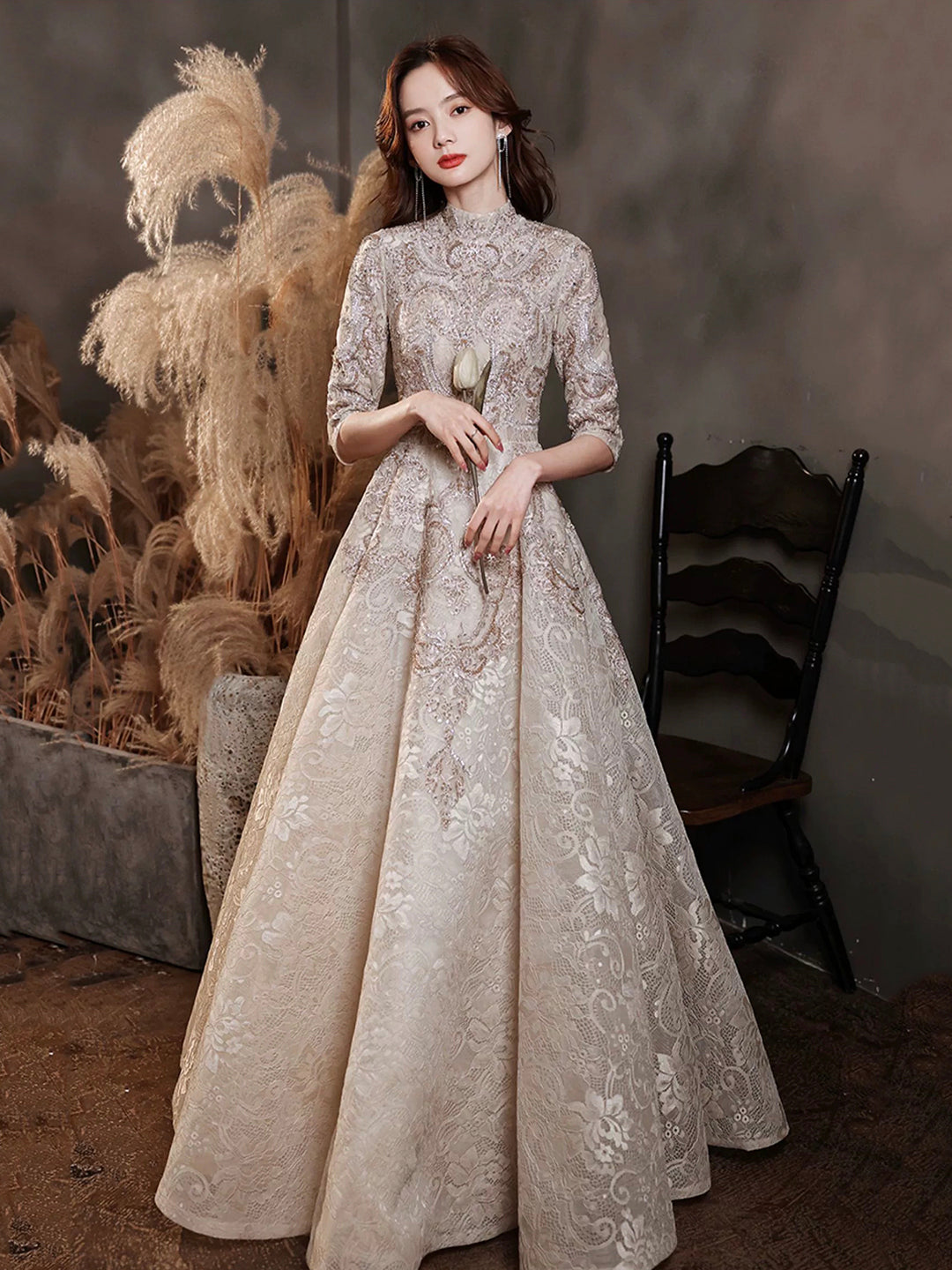 Elegant Lace Mid-sleeve Long Formal Dress, Champagne High Neck Evening Party Dress