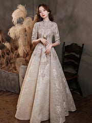 Elegant Lace Mid-sleeve Long Formal Dress, Champagne High Neck Evening Party Dress