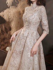 Elegant Lace Mid-sleeve Long Formal Dress, Champagne High Neck Evening Party Dress