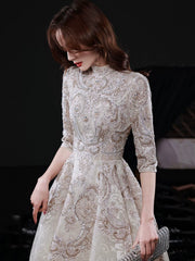 Elegant Lace Mid-sleeve Long Formal Dress, Champagne High Neck Evening Party Dress