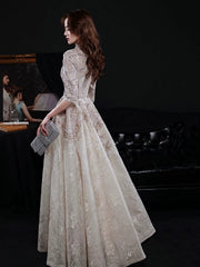 Elegant Lace Mid-sleeve Long Formal Dress, Champagne High Neck Evening Party Dress