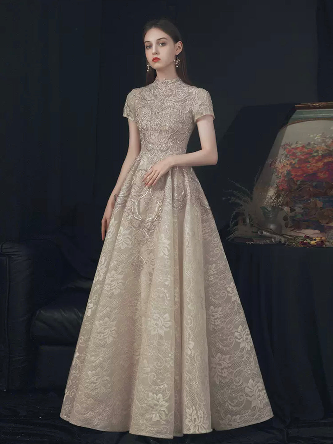 Beautiful Lace Short Sleeve Floor Length Prom Dress, Champagne High Neck Evening Party Dress
