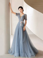 Dusty Blue Pleated Tulle Floor Length Prom Dress, Beautiful Short Sleeve Evening Party Dress