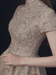 Beautiful Lace Short Sleeve Floor Length Prom Dress, Champagne High Neck Evening Party Dress