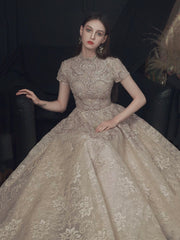 Beautiful Lace Short Sleeve Floor Length Prom Dress, Champagne High Neck Evening Party Dress