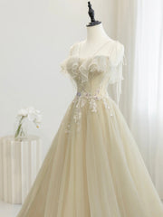 Cute Tulle Sequins Floor Length Prom Dress, Beautiful Spaghetti Strap Evening Party Dress