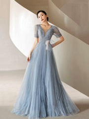 Dusty Blue Pleated Tulle Floor Length Prom Dress, Beautiful Short Sleeve Evening Party Dress