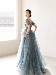 Dusty Blue Pleated Tulle Floor Length Prom Dress, Beautiful Short Sleeve Evening Party Dress