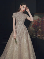 Beautiful Lace Short Sleeve Floor Length Prom Dress, Champagne High Neck Evening Party Dress
