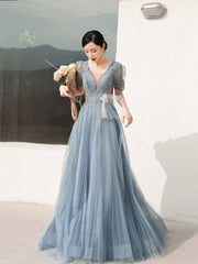 Dusty Blue Pleated Tulle Floor Length Prom Dress, Beautiful Short Sleeve Evening Party Dress