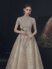 Beautiful Lace Short Sleeve Floor Length Prom Dress, Champagne High Neck Evening Party Dress