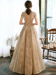 Cute Lace Short Sleeve High Low Prom Dress, A-Line High Neck Evening Party Dress