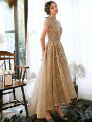Cute Lace Short Sleeve High Low Prom Dress, A-Line High Neck Evening Party Dress