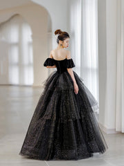 Black Velvet and Tulle Layers Long Formal Dress, Black Sweetheart Neck Evening Party Dress