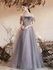 Gray Tulle Beaded Long Prom Dress, Beautiful Off the Shoulder Evening Party Dress