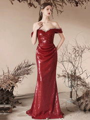 Burgundy Sequins Long Prom Dress, Mermaid Off the Shoulder Evening Party Dress