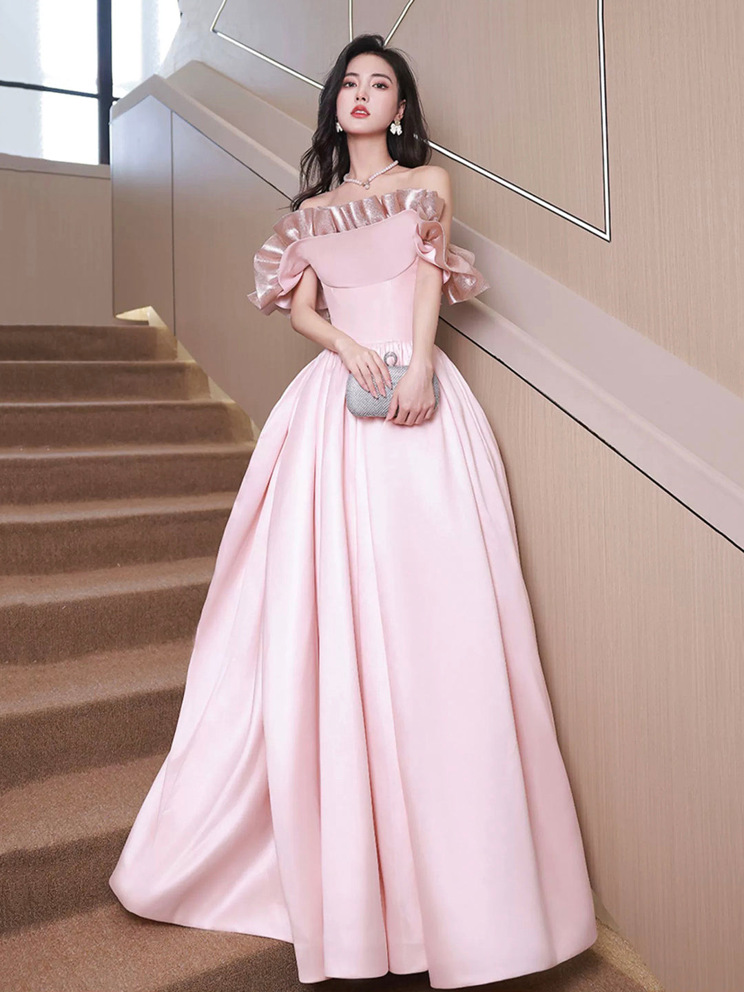 Off Shoulder Pink Satin Long Formal Dress, Pink Evening Dress Party Dress