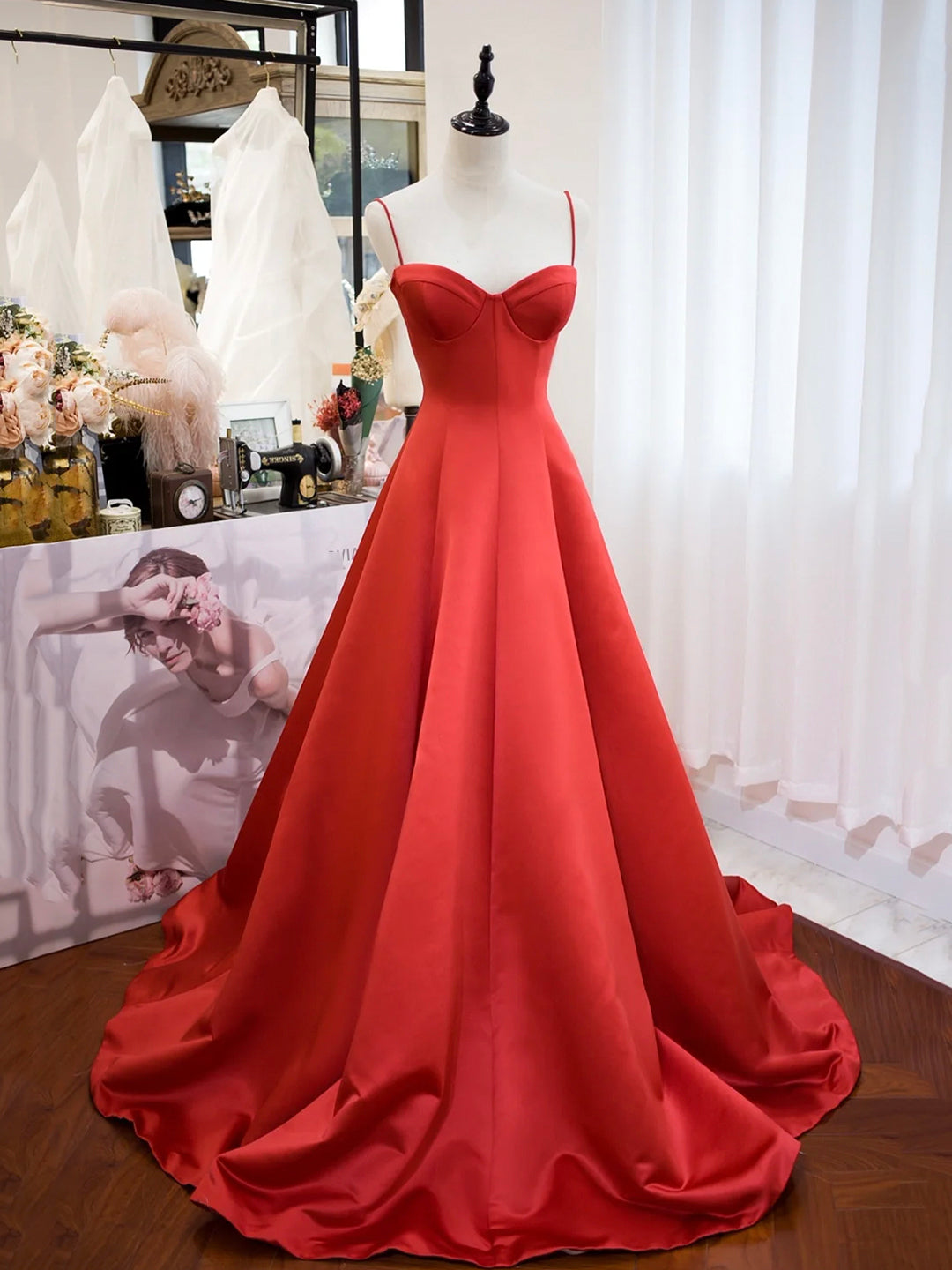 Red Spaghetti Strap Satin Long Prom Dress, Simple A-Line Backless Evening Party Dress