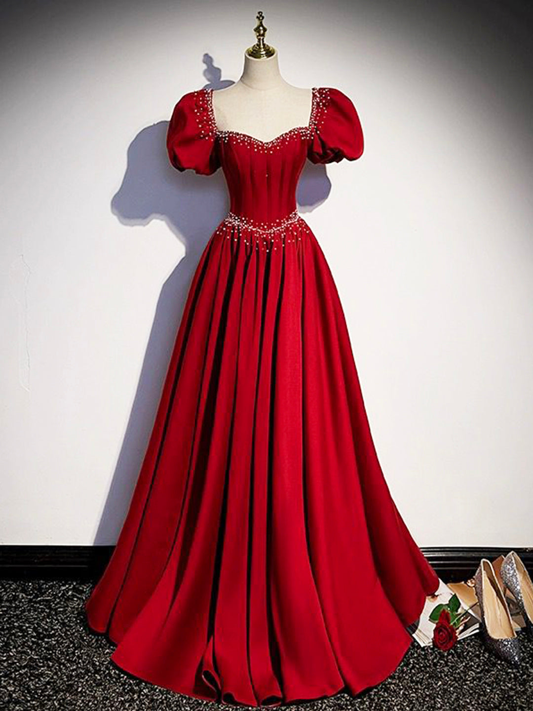 Elegant Burgundy Floor Length Prom Dress, A-Line Beading Puffy Short Sleeve Backless Evening Dress