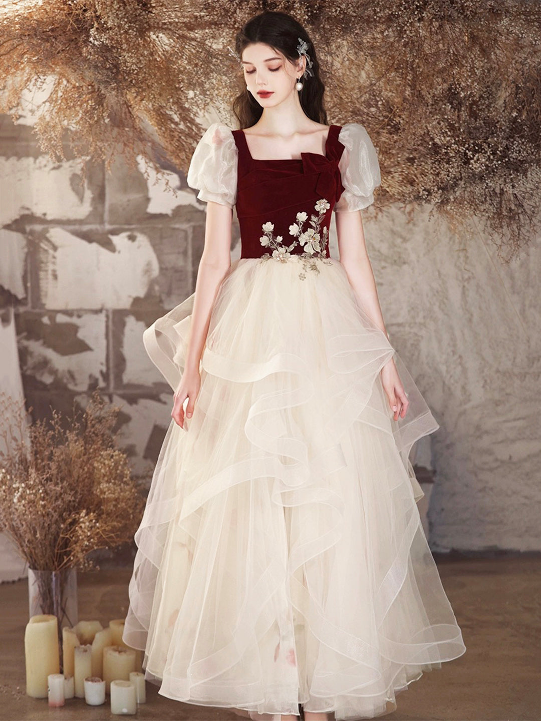 Burgundy Velvet and Champagne Tulle Long Prom Dress, Lovely A-Line Short Sleeve Evening Party Dress