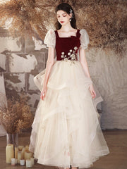 Burgundy Velvet and Champagne Tulle Long Prom Dress, Lovely A-Line Short Sleeve Evening Party Dress