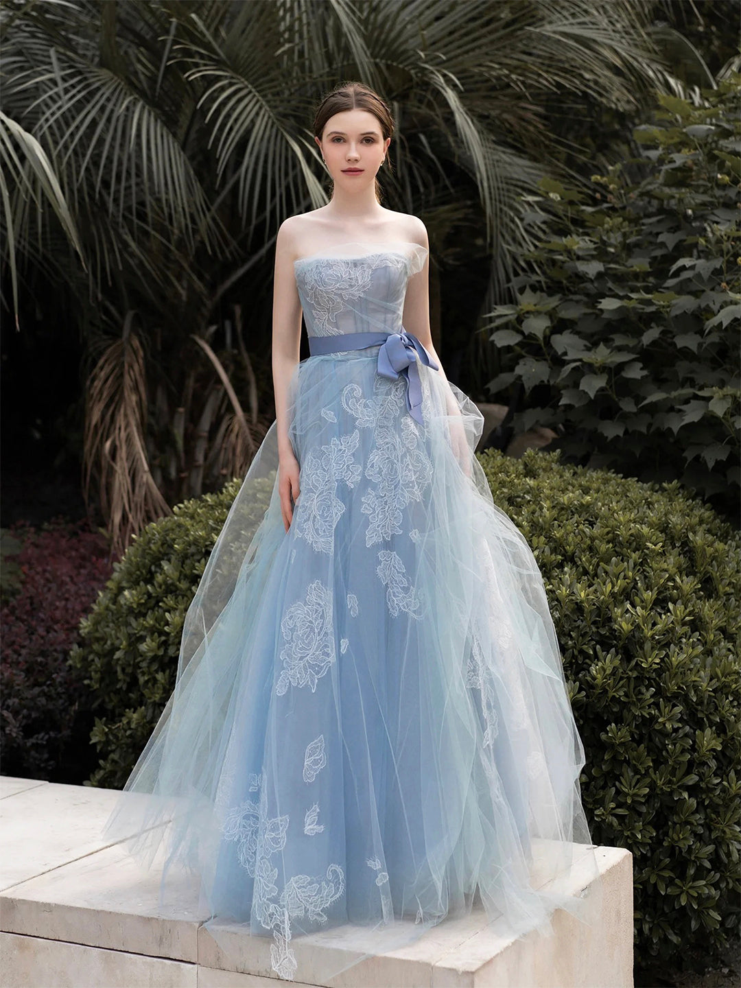 Grey-Blue Strapless Lace Long Prom Dress, A-Line Tulle Evening Party Dress