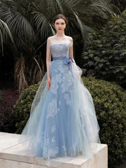 Grey-Blue Strapless Lace Long Prom Dress, A-Line Tulle Evening Party Dress