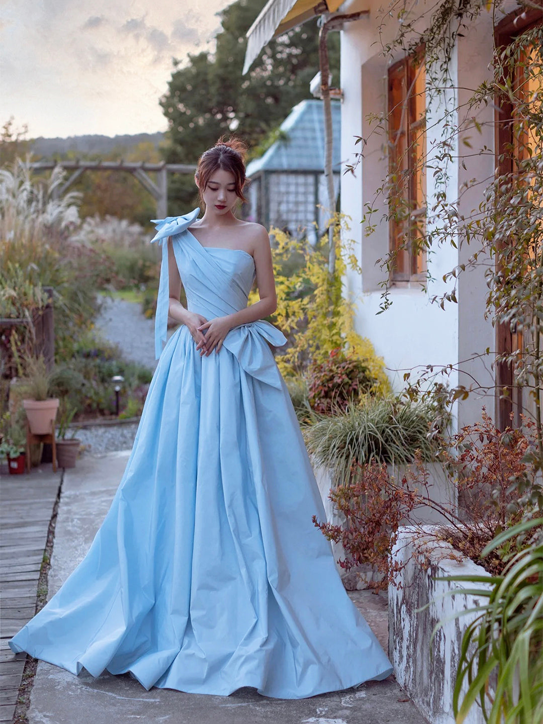 Blue Satin One Shoulder Floor Length Prom Dress, Blue A-Line Evening Party Dress