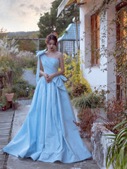 Blue Satin One Shoulder Floor Length Prom Dress, Blue A-Line Evening Party Dress