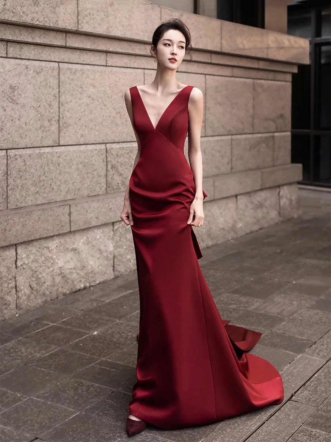 Burgundy V-Neck Satin Long Prom Dress, Elegant Backless Evening Party Dress