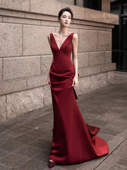 Burgundy V-Neck Satin Long Prom Dress, Elegant Backless Evening Party Dress