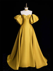 Yellow Satin Long Prom Dress, Off the Shoulder A-Line Evening Party Dress