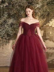 Burgundy Tulle Long A-Line Prom Dress, Off the Shoulder Evening Party Dress