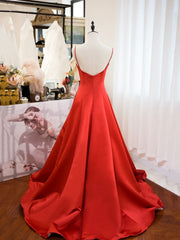 Red Spaghetti Strap Satin Long Prom Dress, Simple A-Line Backless Evening Party Dress