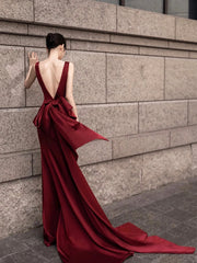 Burgundy V-Neck Satin Long Prom Dress, Elegant Backless Evening Party Dress