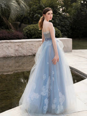 Grey-Blue Strapless Lace Long Prom Dress, A-Line Tulle Evening Party Dress