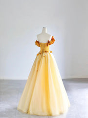 Yellow Tulle Applique Long Prom Dress, Off the Shoulder Sleeveless Backless Long Formal Evening Dress