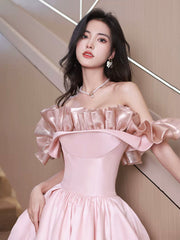 Off Shoulder Pink Satin Long Formal Dress, Pink Evening Dress Party Dress