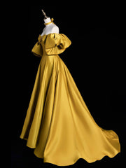 Yellow Satin Long Prom Dress, Off the Shoulder A-Line Evening Party Dress