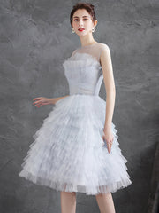 Gray Tulle Round Neck Party Dresses, Lovely Knee-Length Prom Dresses