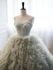 Gray Strapless Tulle Long Prom Dress, Beautiful A-Line Sweetheart Neck Formal Evening Dress