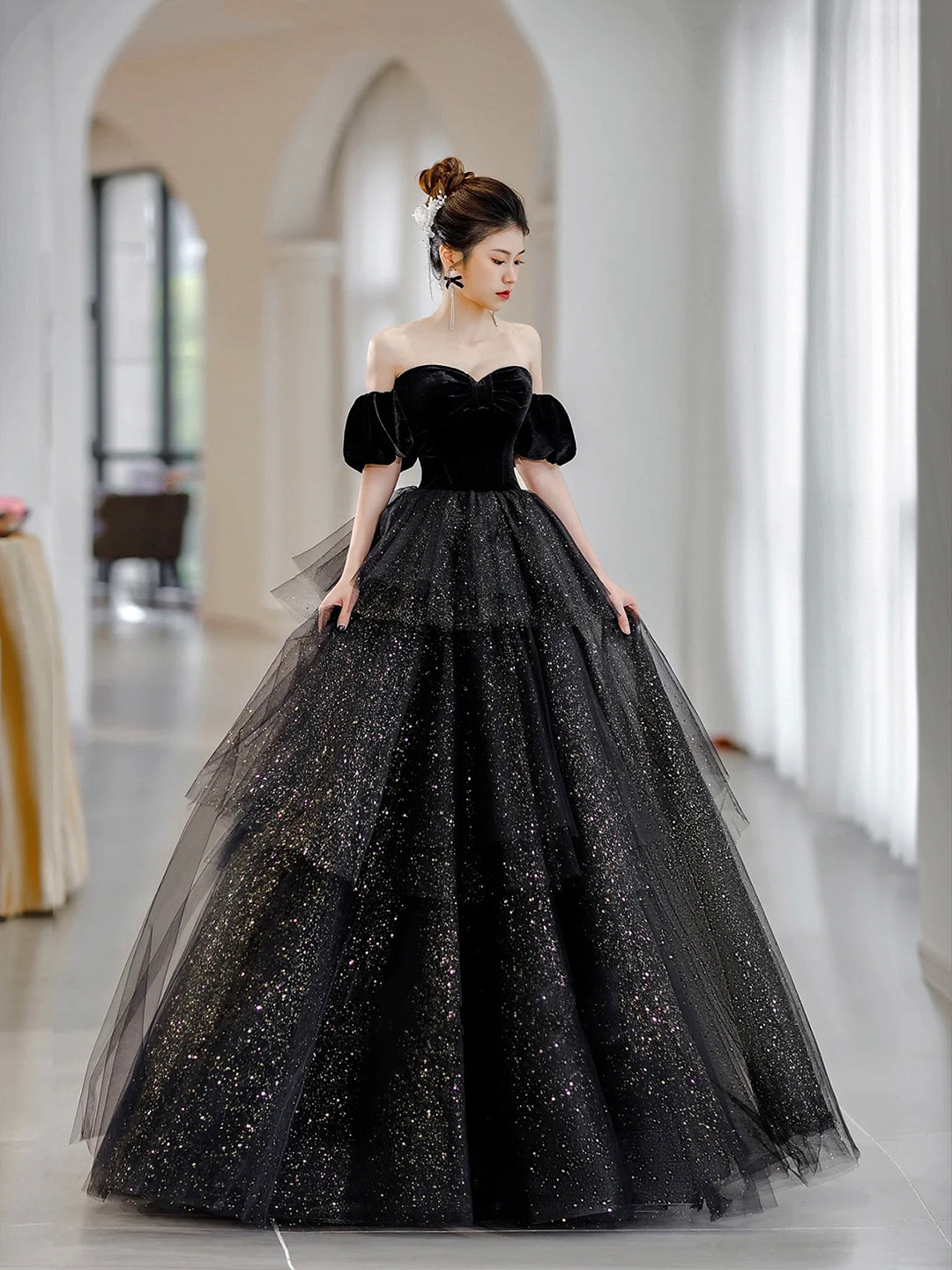 Black Velvet and Tulle Layers Long Formal Dress, Black Sweetheart Neck Evening Party Dress