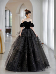 Black Velvet and Tulle Layers Long Formal Dress, Black Sweetheart Neck Evening Party Dress