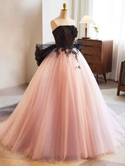 Black and Pink Tulle Lace Long Prom Dress, A-Line Strapless Evening Sweet 16 Dress