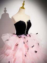 Pink Tulle and Black Velvet Strapless Party Gown, Pink Backless Ruffles Formal Evening Dress