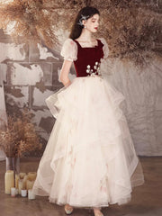 Burgundy Velvet and Champagne Tulle Long Prom Dress, Lovely A-Line Short Sleeve Evening Party Dress