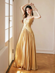 Unique Spaghetti Straps Satin Long Prom Dress, Gold V-Neck Backless Evening Party Dress