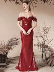 Burgundy Sequins Long Prom Dress, Mermaid Off the Shoulder Evening Party Dress