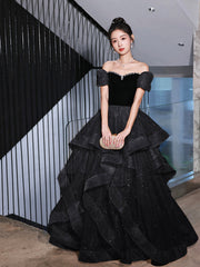 Black Velvet and Tulle Long Party Dress, Black A-Line Evening Dress Party Dress