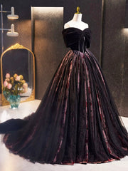 Black Velvet Tulle Long Prom Dress with Rose Print Pattern, Elegant Off the Shoulder Party Dress